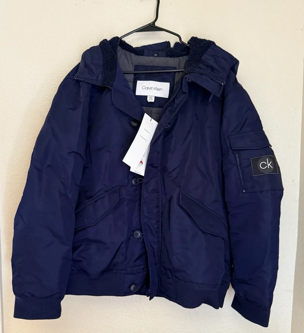 $228 Calvin Klein Oversized Hooded Water Resistant Puffer Bomber Jacket Navy 2XL